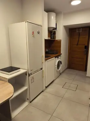 a kitchen with a refrigerator and a washer and dryer at Studio Ljubljana in Ljubljana