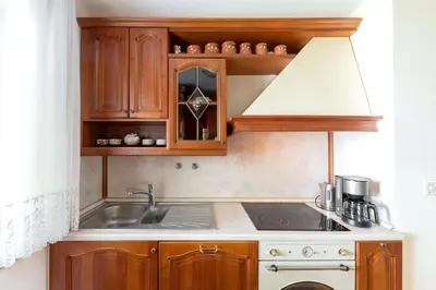 a kitchen with wooden cabinets and a sink at Apartment Franko in Radovljica