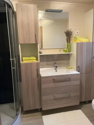 a bathroom with a sink and a mirror at Vineyard cottage Stopar in Straža