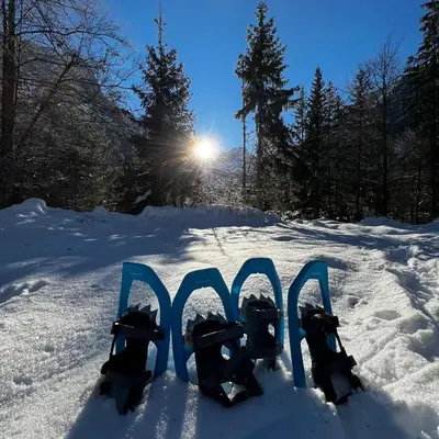 a pair of skis sitting in the snow at Emerald Valley Apartments in Bovec
