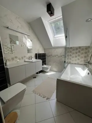 a bathroom with a toilet and a sink and a tub at Villa Recica North in Bled
