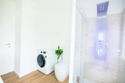 a white bathroom with a toilet and a shower at Hiša Kragelj in Most na Soči