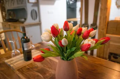 a vase filled with red and white flowers on a table at Apartment DOMI in Soča