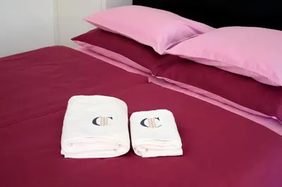 a pair of towels sitting on top of a bed at Cirus apartments in Kočevje