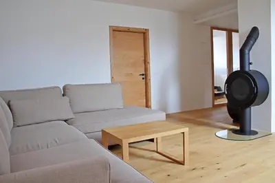 a living room with a gray couch and a black fan at Cirus apartments in Kočevje