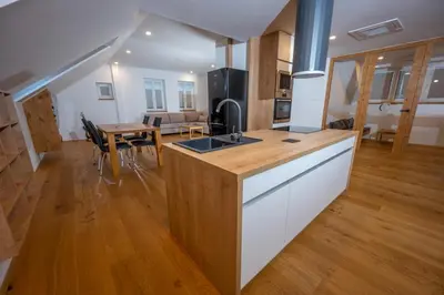 a kitchen and living room with a table and chairs at Cirus apartments in Kočevje
