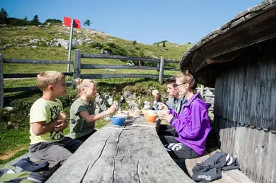 a group of people sitting at a picnic table at Alpine Chalet Velika Planina - Irenca - I Feel Alps in Stahovica