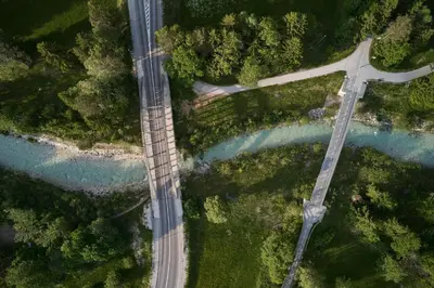 an overhead view of a road and a river at Triangel Boutique Hotel in Kranjska Gora