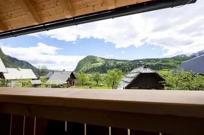 a view from a window of a farm with mountains at Pr `Agotnik Apartments & Rooms Bohinj in Bohinj