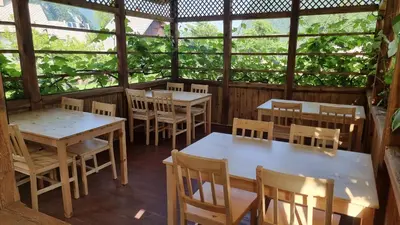 a restaurant with wooden tables and chairs and windows at Pr `Agotnik Apartments & Rooms Bohinj in Bohinj
