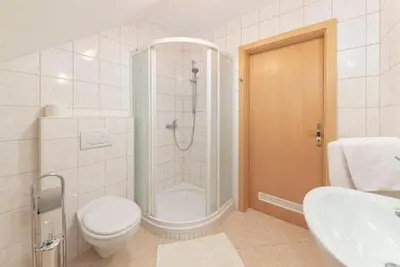 a bathroom with a shower and a toilet and a sink at Turistična kmetija Protner in Pernica