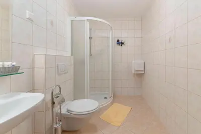 a white bathroom with a toilet and a shower at Turistična kmetija Protner in Pernica