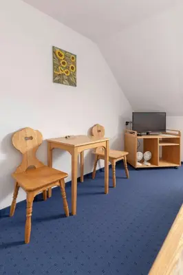 a room with a table and two chairs and a tv at Turistična kmetija Protner in Pernica