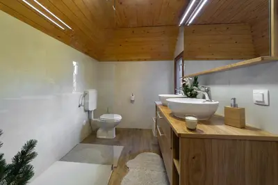 a bathroom with a white sink and a toilet at Chalet Neza Velika Planina in Stahovica