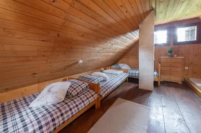 a room with two beds in a wooden ceiling at Chalet Neza Velika Planina in Stahovica