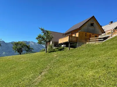 a house on top of a grassy hill at Miha`s cottage in Bohinj