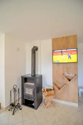 a living room with a stove and a tv at Flower house Podčetrtek in Podčetrtek