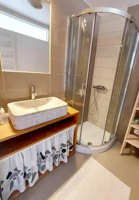 a bathroom with a sink and a shower at Apartma Kras in Komen