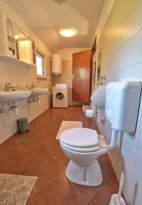 a bathroom with a white toilet and a sink at Počitniška hiša Miklavčič Primorska in Divača