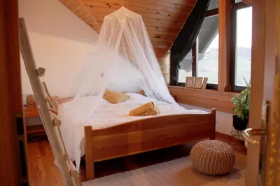 a bedroom with a bed with a mosquito net at Wooden fairytale in Lesično