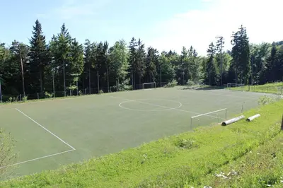 an empty soccer field with a soccer goal at Apartma Pohorje Bolfenk 5010 in Pohorje
