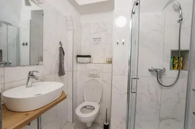 a bathroom with a toilet and a sink and a shower at 150 steps to the main square in Ljubljana