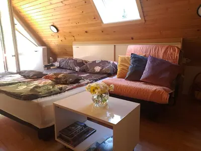 a living room with a couch and a table at Wooden cabin with a view in Idrija