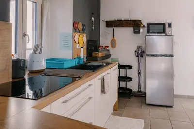 a kitchen with a refrigerator and a counter top at Apartma Ob stari murvi, Sežana in Sežana