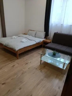 a living room with a couch and a coffee table at Apartments Aura in Deskle
