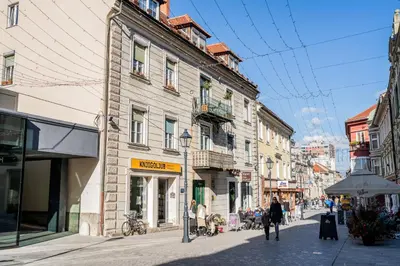 a street with buildings and people walking down a street at Celje Center Apartment in Celje
