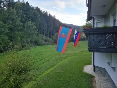 a group of flags hanging on a yard at Apartma Juteršek 2+2 in Libeliče