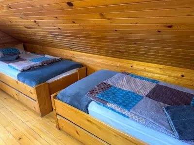 two beds in a room with wooden walls at Teddy in Čatež ob Savi