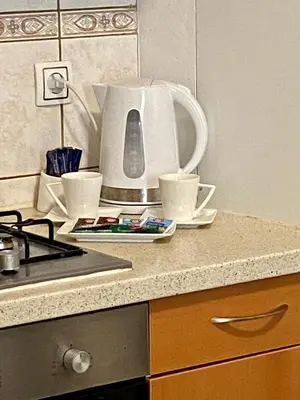 a tea kettle and cups on a counter in a kitchen at Jack's Place in Trbovlje