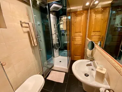 a bathroom with a toilet and a sink and a shower at Jack's Place in Trbovlje