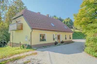 a yellow house with a balcony on a road at Farmhouse Blackberry Pool & Wellness- Happy Rentals in Vransko