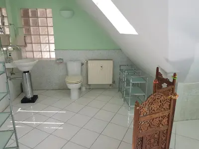 a bathroom with a toilet and a sink at Above Ljubljanica River Apartment in Ljubljana
