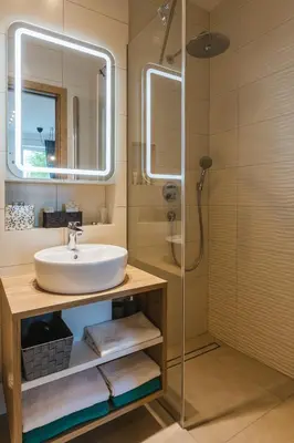 a bathroom with a sink and a shower at Vila Rina in Bled
