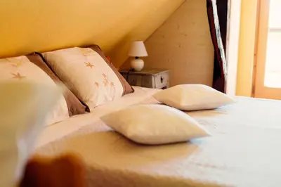 a bedroom with a bed with two pillows on it at Kmečka hiša Bahor in Črnomelj
