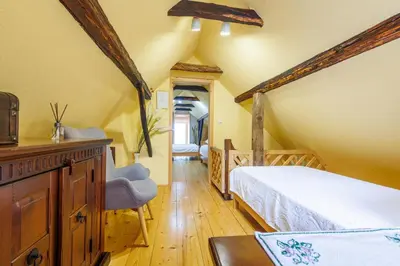 a bedroom with a bed and a tv in a room at Kmečka hiša Bahor in Črnomelj