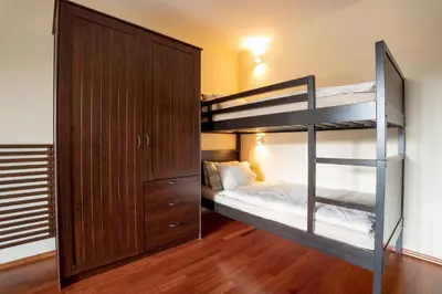 a bedroom with a bunk bed and a closet at Alpine apartments Marcella in Žirovnica
