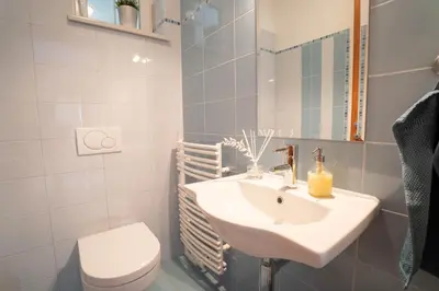 a bathroom with a sink and a toilet at Alpine apartments Marcella in Žirovnica