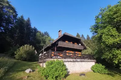 a large wooden house in the middle of a yard at Cottage in the woods - Lake Bohinj in Bohinj