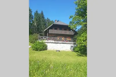 a house in the middle of a grassy field at Cottage in the woods - Lake Bohinj in Bohinj