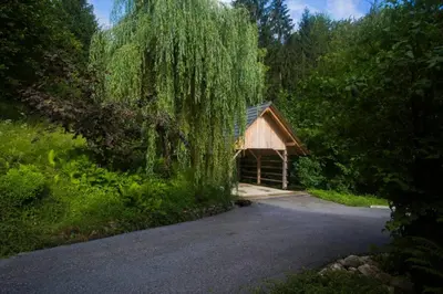 a cabin with a weeping willow tree next to a road at Cottage in the woods - Lake Bohinj in Bohinj