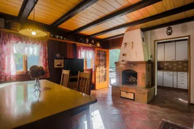 a living room with a kitchen and a fireplace at Cottage in the woods - Lake Bohinj in Bohinj