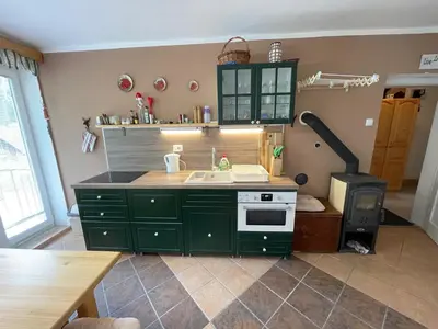 a kitchen with green cabinets and a sink and a stove at APARTMA ODKLOP Rogla in Lukanja