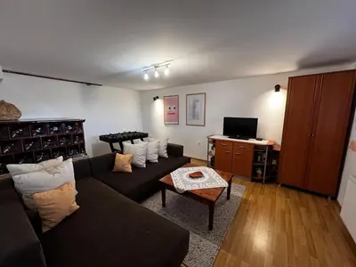 a living room with a couch and a television at Morning coffee w a view :) in Podčetrtek