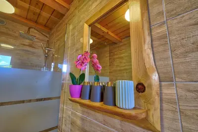 a shelf in a bathroom with vases and flowers at Glamping Brodej in Vitanje