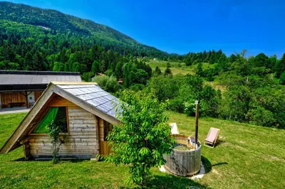 a small cabin in a field with a tree at Glamping Brodej in Vitanje