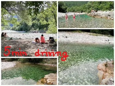a collage of photos of people swimming in a river at Hiša pod Gradičem in Kobarid